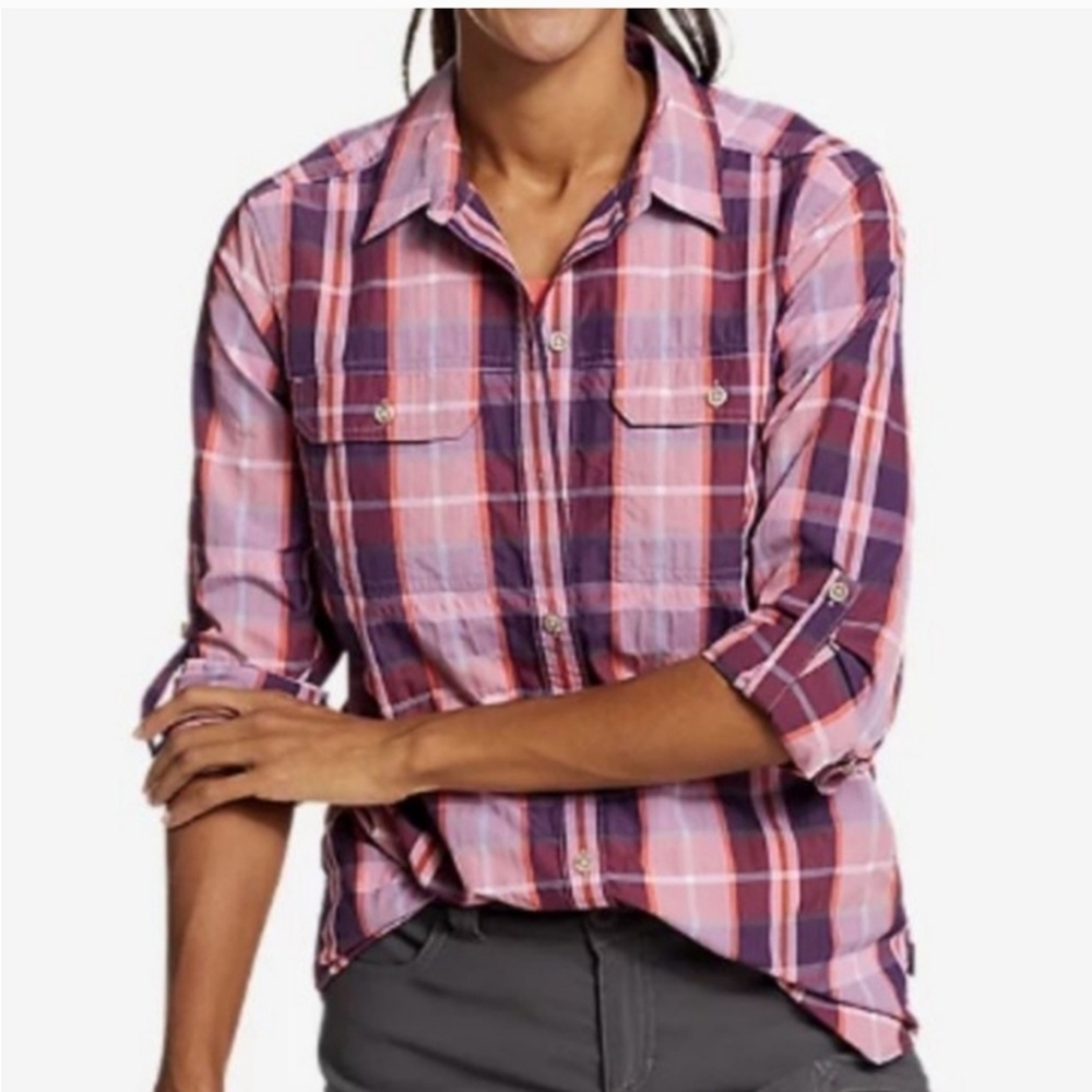 Eddie Bauer Travex Mountain Pink & Purple Plaid Longsleeve Button Down Shirt